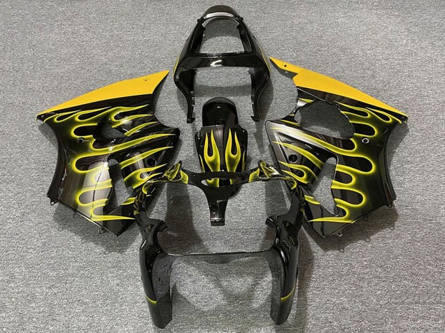 Carénages Moto Kawasaki ZX6R 2000-2002 - Noir Brillant Jaune Flamme
