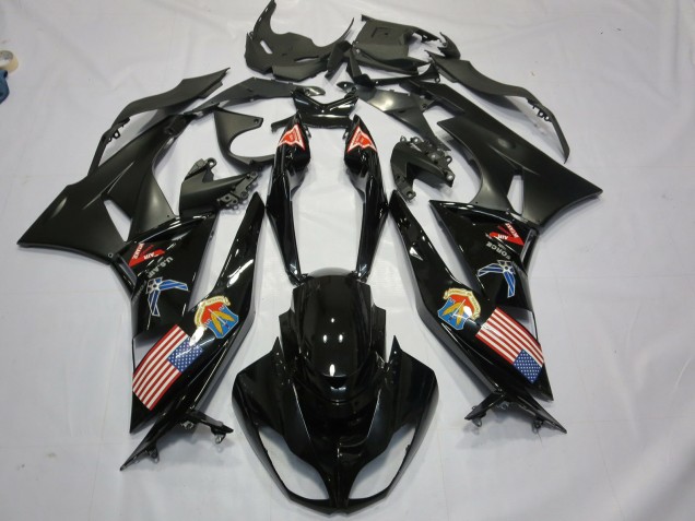 Carénages Moto Kawasaki ZX6R 2009-2012 - Noir Brillant Noir Mat Drapeau Américain