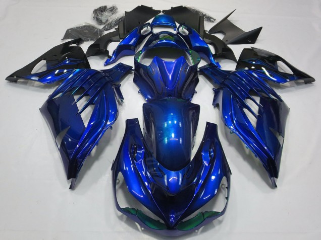 Carénages Moto Kawasaki ZX14R ZZR1400 2012-2024 - Bleu Noir Brillant