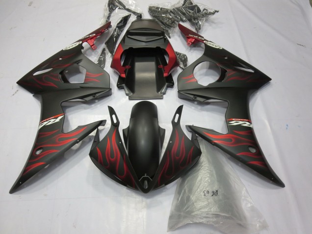 Carénages Moto Yamaha R6 2003-2004 - Noir Mat Rouge Flamme