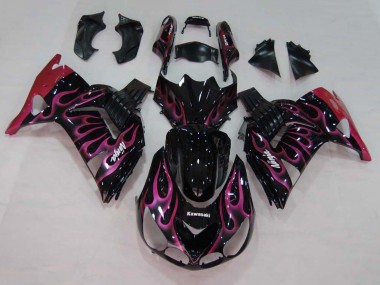 Carénages Moto Kawasaki ZX14R ZZR1400 2006-2011 - Noir Brillant Rouge Rose Flamme