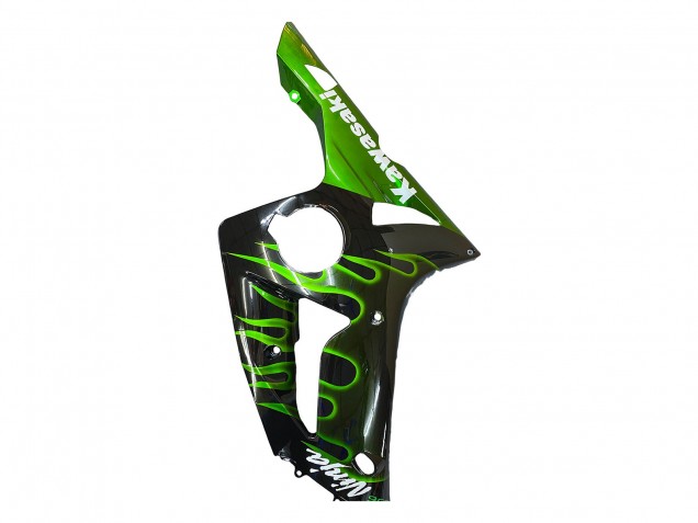 Carénages Moto Kawasaki ZX6R 2003-2004 - Noir Brillant Vert Flamme