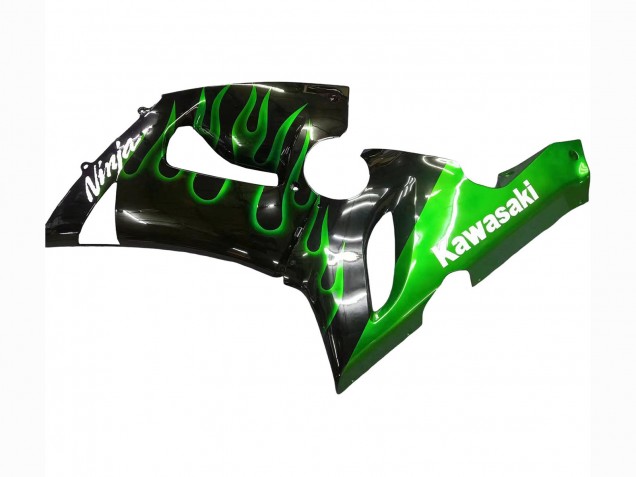 Carénage Moto Kawasaki ZX6R 2005-2006 - Noir Brillant Vert Flamme