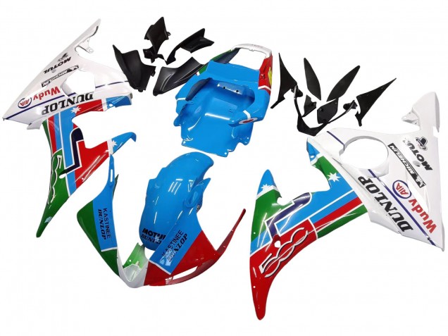 Carénages Moto Yamaha YZF 600 R6 2005 - Bleu Clair Blanc Vert Rouge Kastinee Dunlop Motul