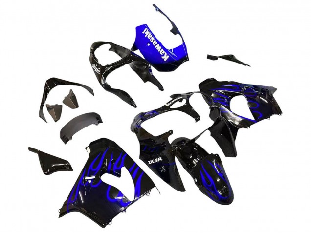 Carénages Moto Kawasaki ZX9R 2000-2001 - Noir Brillant Bleu Flamme Blanc
