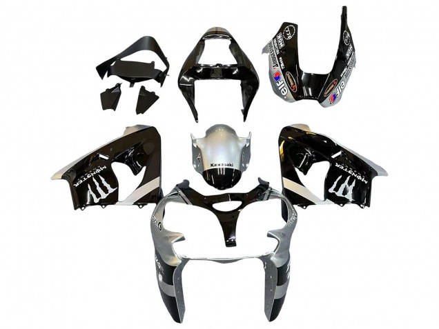 Carénages Moto Kawasaki ZX9R 2002-2003 - Argent Noir Brillant Monstre Elf