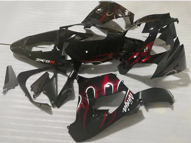 Carénage Moto Kawasaki ZX9R 2002-2003 - Noir Brillant Rouge Flamme