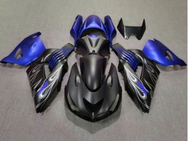 Carénages Moto Kawasaki ZX14R ZZR1400 2006-2011 - Noir Mat Bleu Argent Flamme