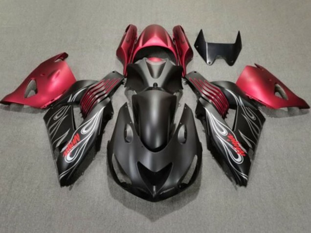 Carénages Moto Kawasaki ZX14R ZZR1400 2006-2011 - Noir Mat Rouge Argent Flamme