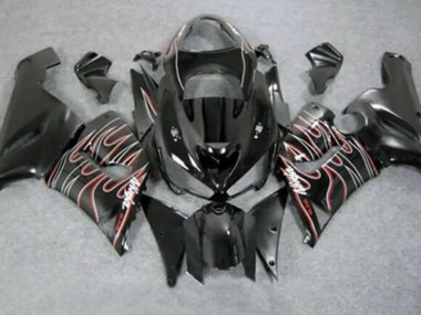 Carénages Moto Kawasaki ZX6R 2005-2006 - Noir Brillant Rouge Blanc Flamme