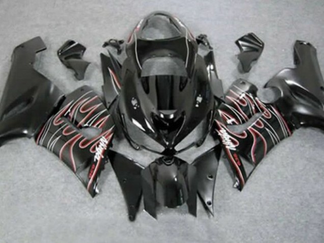 Carénages Moto Kawasaki ZX6R 2005-2006 - Noir Brillant Rouge Blanc Flamme