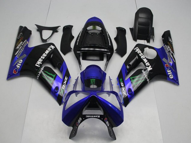 Carénages Moto Kawasaki ZX6R 2003-2004 - Noir Brillant Bleu Vert Monstre