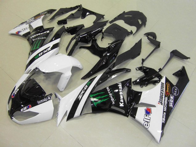 Carénages Moto Kawasaki ZX6R 2009-2012 - Blanc Noir Brillant Vert Elf Touch4 Monstre Bridgestone