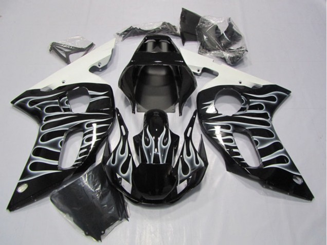 Carénages Moto Yamaha YZF R6 1998-2002 - Noir Brillant Blanc Flamme