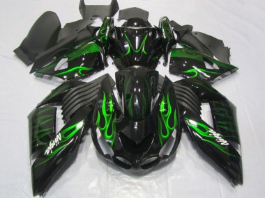 Carénages Moto Kawasaki ZX14R ZZR1400 2006-2011 - Noir Brillant Vert Flamme